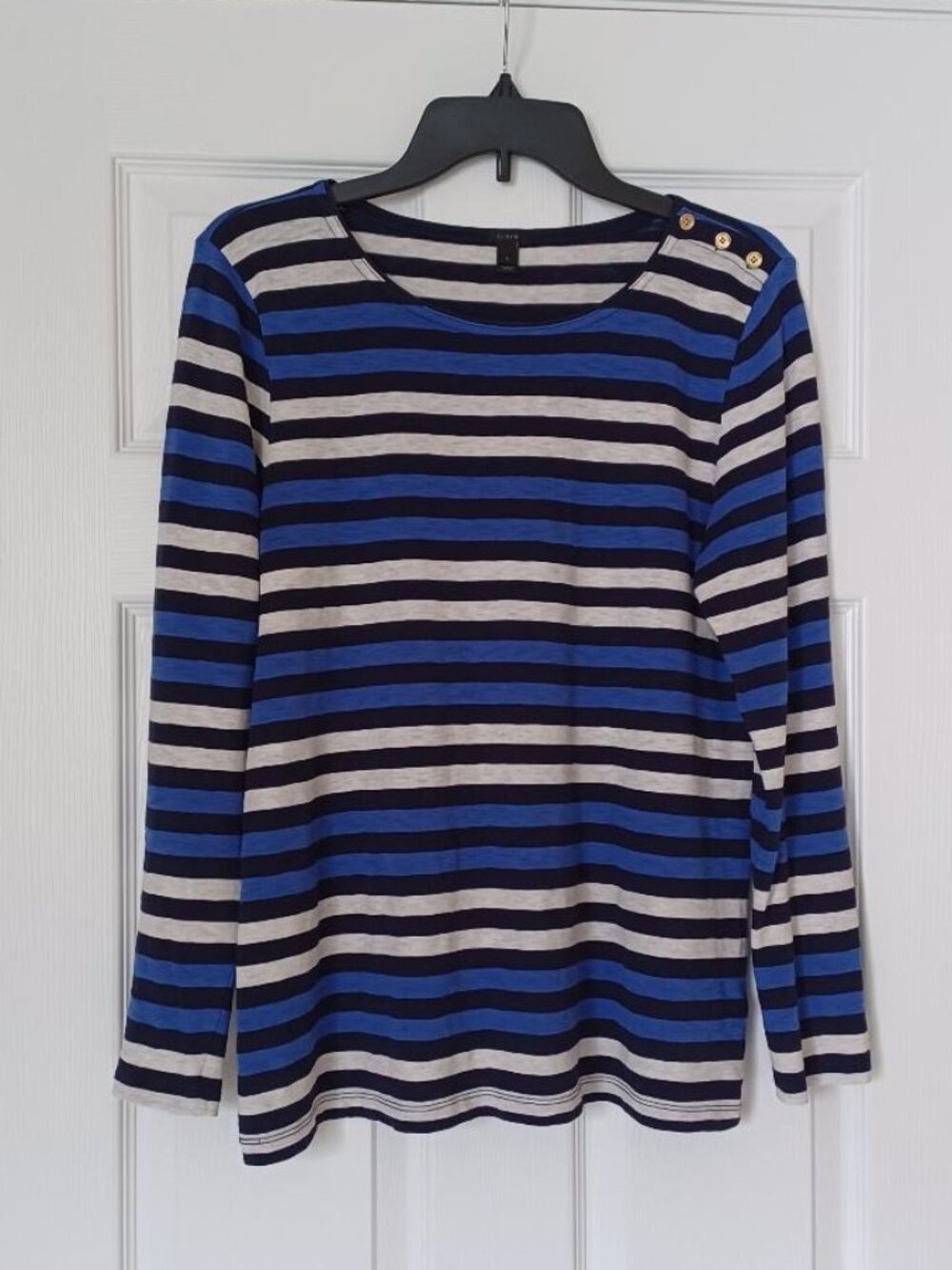 EUC J. Crew Striped Long Sleeve Tee w/Gold Buttons on Shoulder Size Large